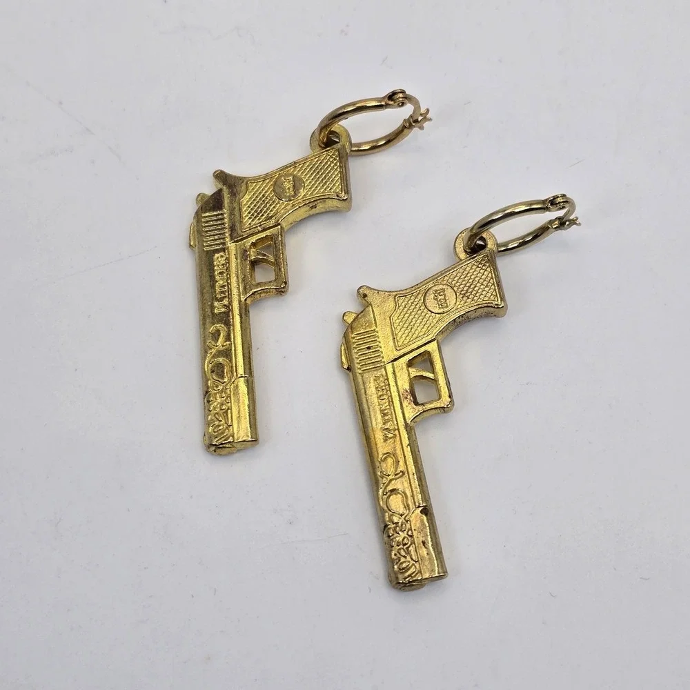Vintage Gold Tone Pistol Gun Dangle Earrings Novelty Statement Western Cowgirl